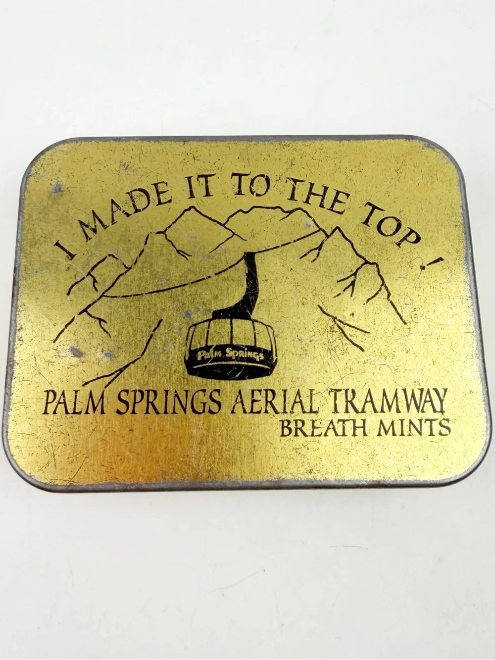 Vtg 70s Palm Springs Aerial Tramway Breath Mints Tin Souvenir Empty Gold CA
